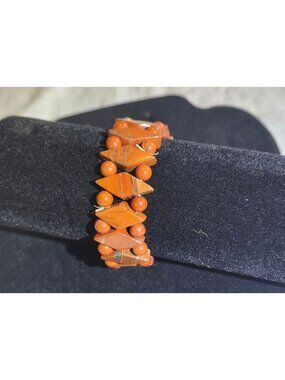 Beautiful Veined Jasper Bracelet With Geometric Round Beads Orange-Toned Elastic